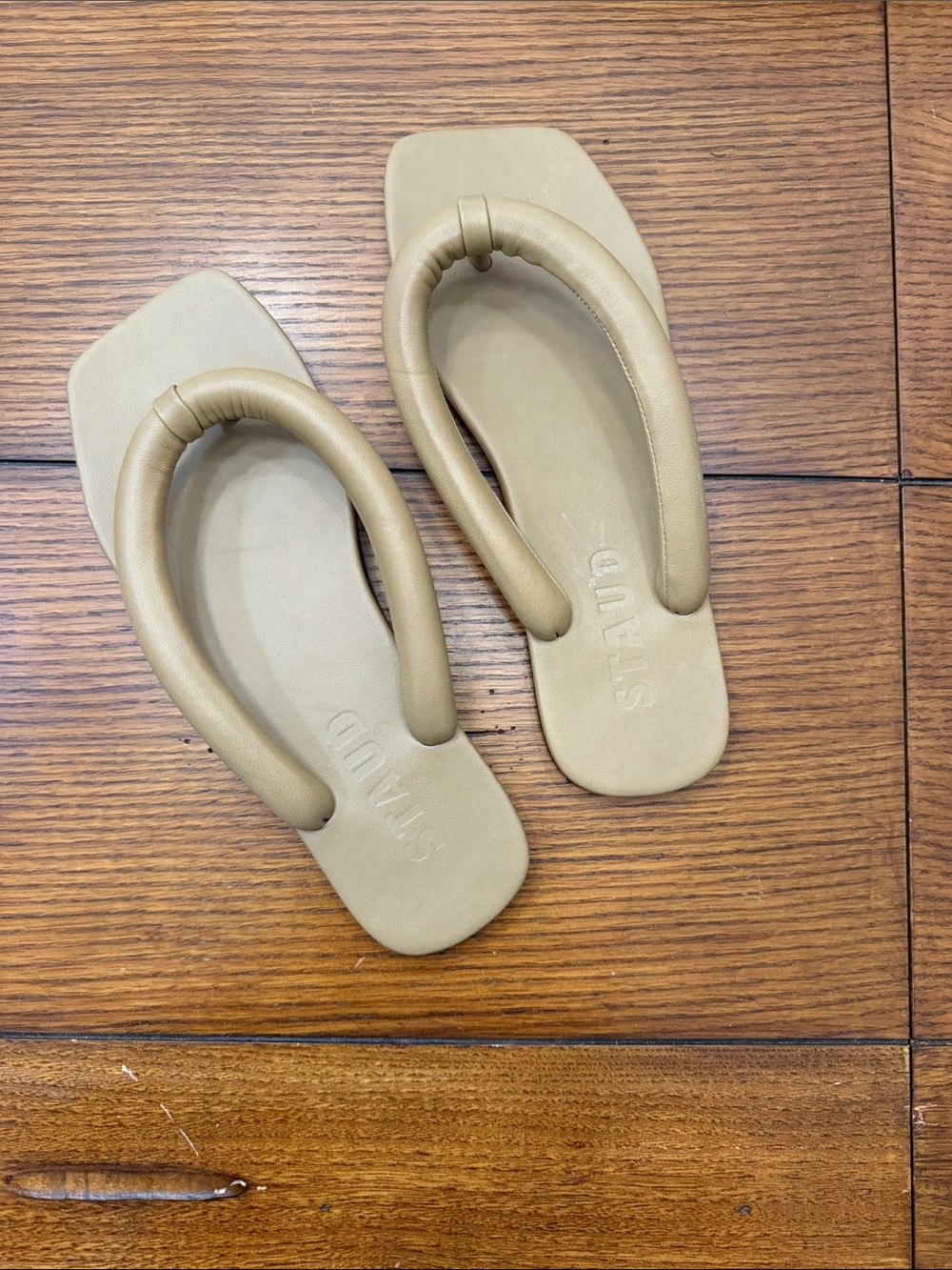 STAUD Padded Square-Toe Flip Flop Sandals in Beige-Tan